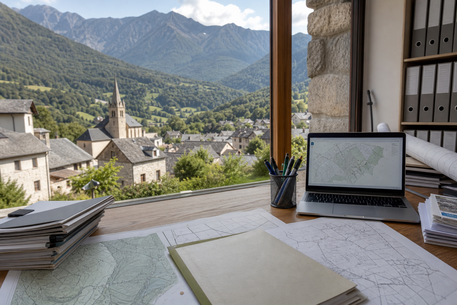 Dossier de permis de construire dans un bureau municipal face à un village de montagne