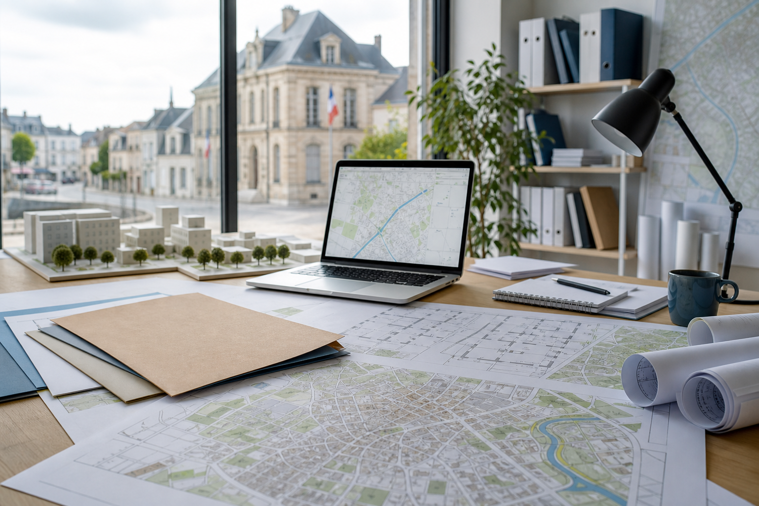 Bureau municipal avec plans d’urbanisme et maquette urbaine