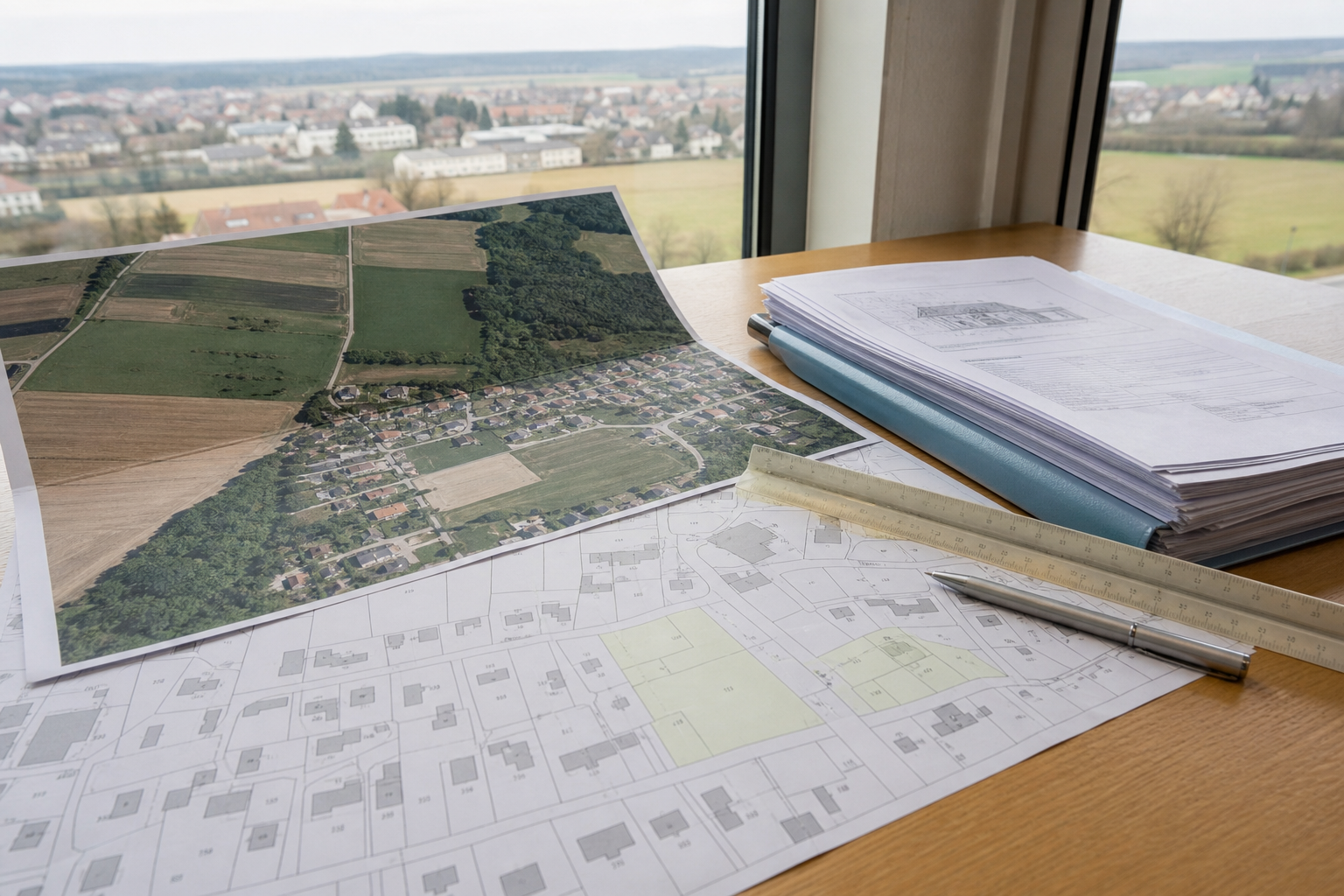 Vue éditoriale de documents d’urbanisme, carte cadastrale et photo aérienne de terres agricoles près d’un village français