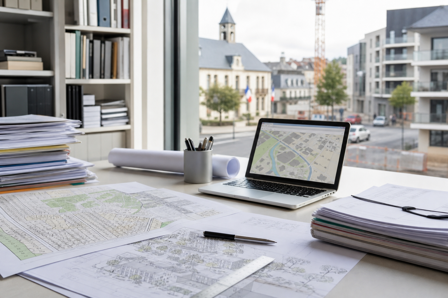 Bureau d urbanisme municipal avec plans et dossiers de permis pour le logement des agents publics