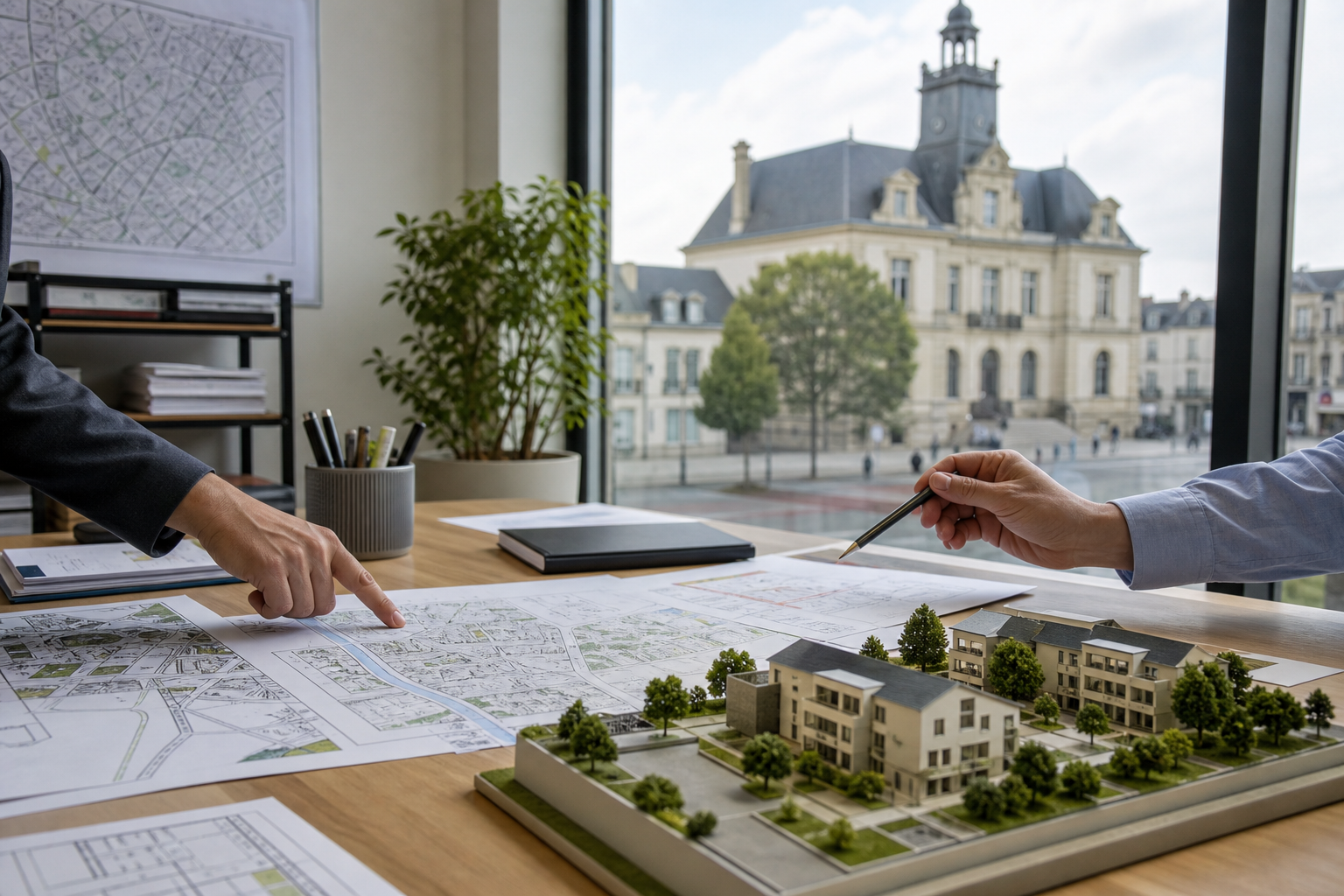 Documents d urbanisme et maquette de logements examines dans un bureau municipal devant une mairie francaise