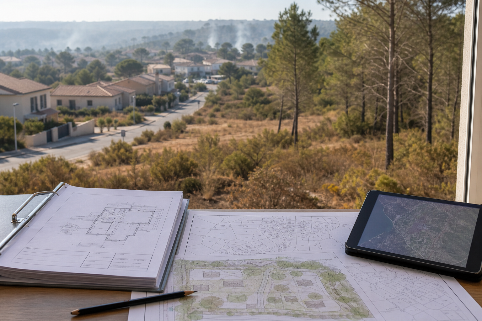 Interface ville-nature exposée au risque incendie avec dossier de permis et plans d’urbanisme