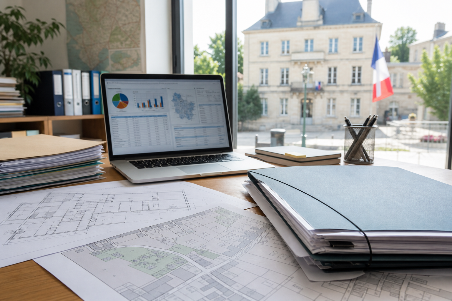 Bureau municipal avec plans cadastraux et dossier de permis illustrant les impôts locaux et l urbanisme