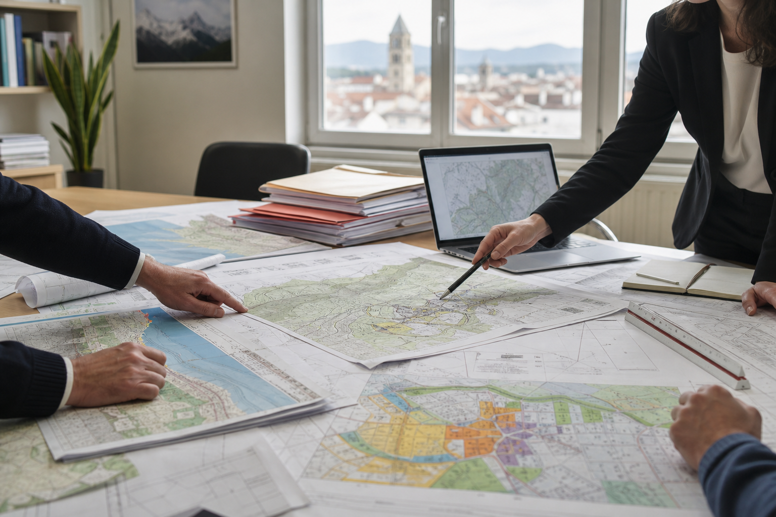 Réunion d’urbanisme autour de cartes de Scot, littoral et montagne pour encadrer les permis de construire