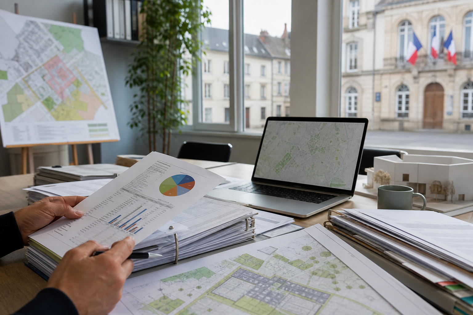 Documents budgétaires et plans d urbanisme dans un bureau municipal français