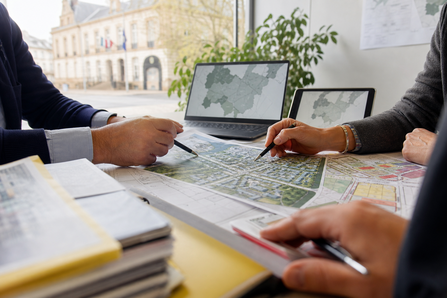 Réunion d’agence d’urbanisme autour de plans et cartes de permis de construire