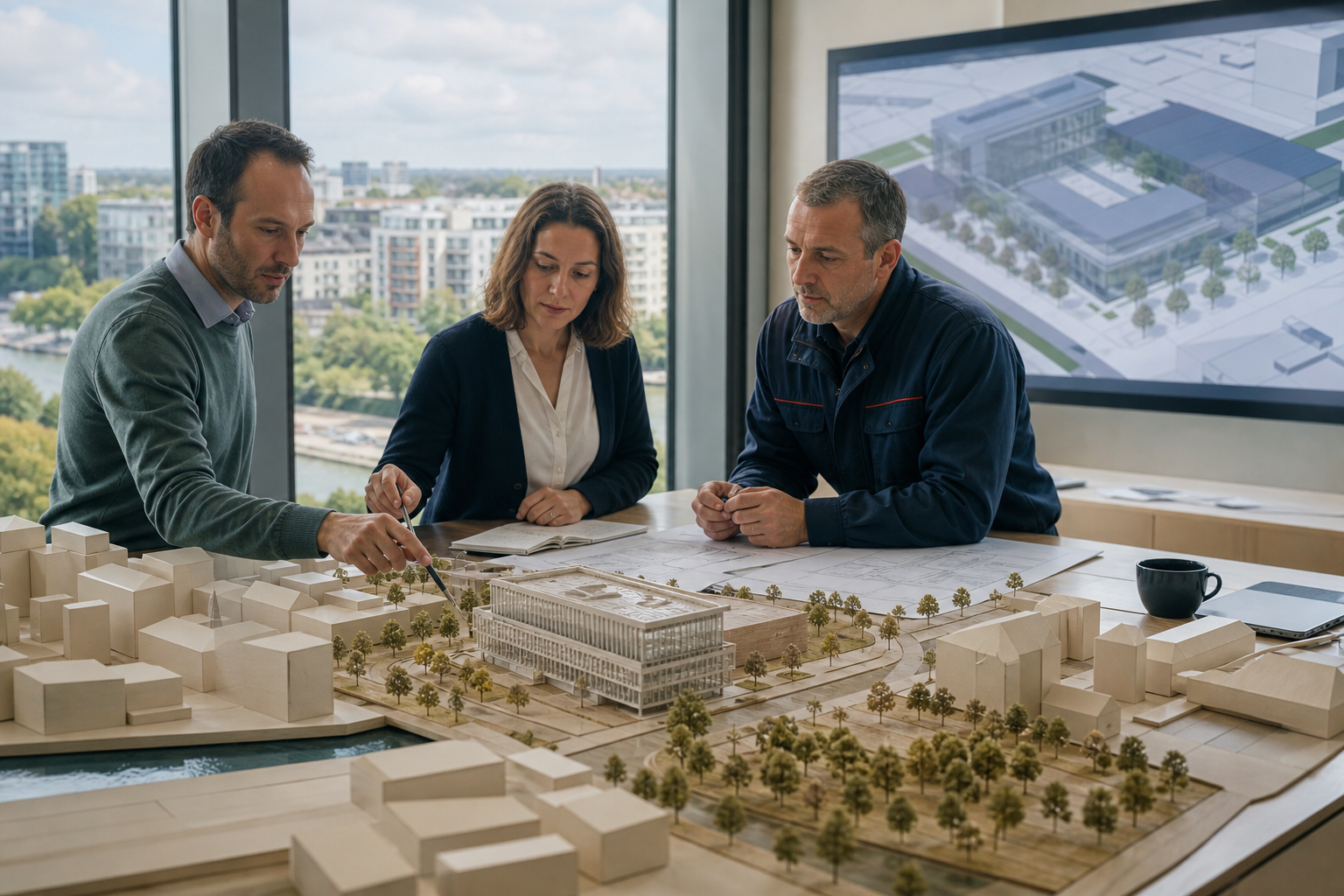 Professionnels réunis autour d’une maquette numérique de quartier en Alsace