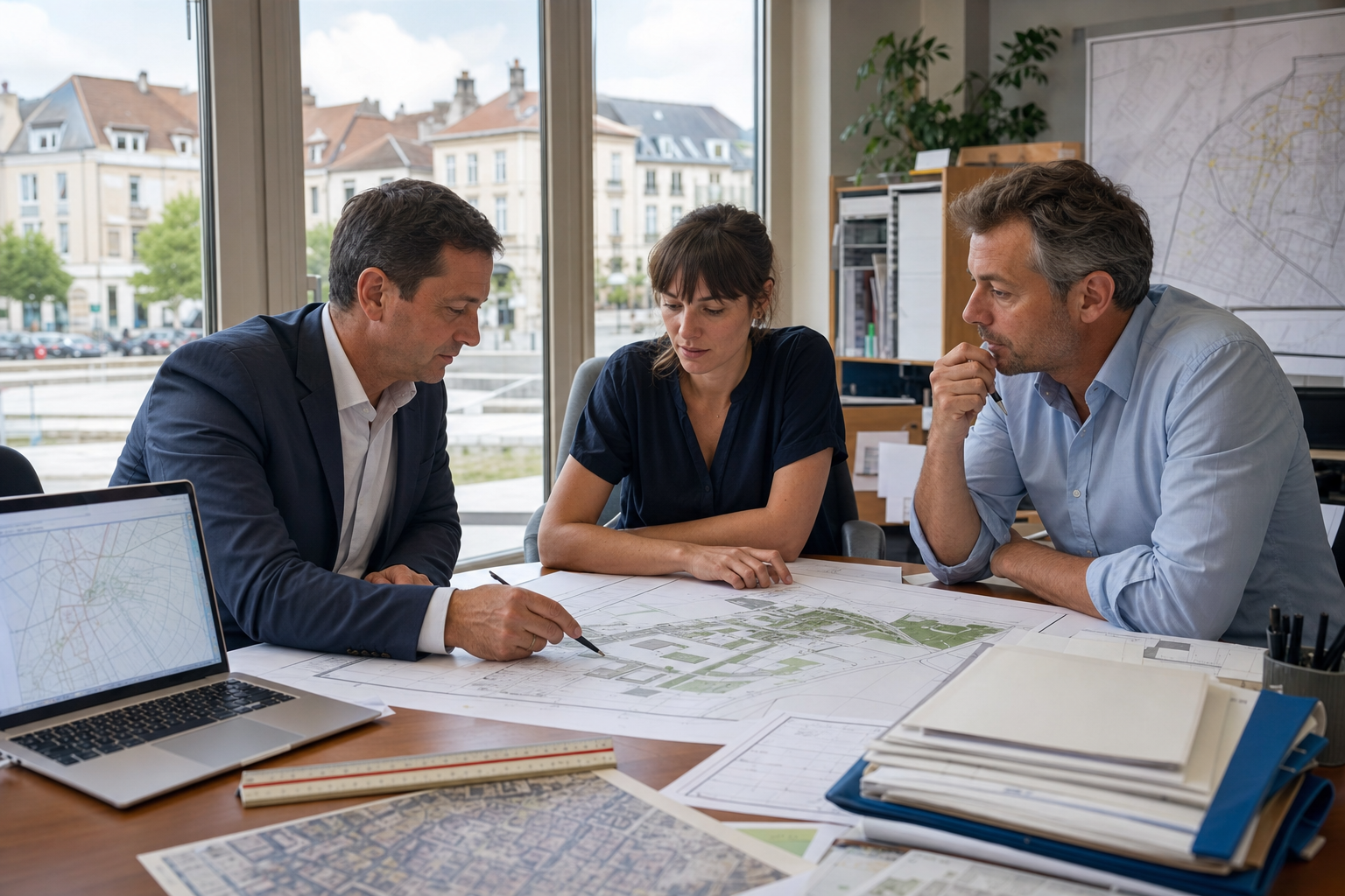 Élus locaux et professionnels de l’urbanisme étudiant un plan d’aménagement en mairie