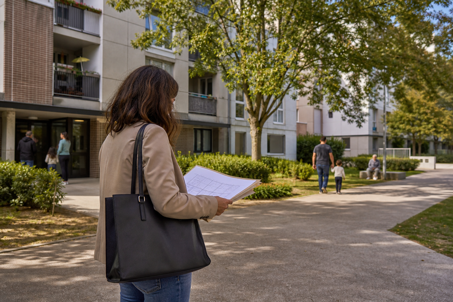 Gestionnaire d’une résidence de logements sociaux consultant le plan d’un immeuble