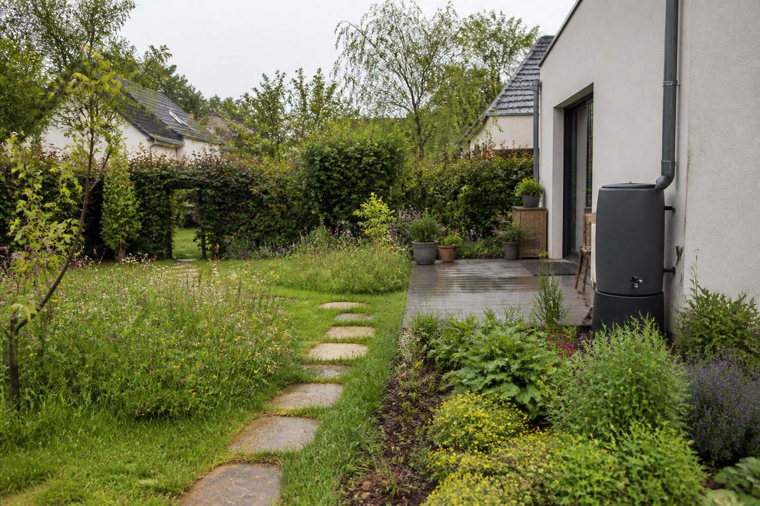 Jardin pavillonnaire diversifié avec prairie, haie, terrasse perméable et récupérateur d’eau