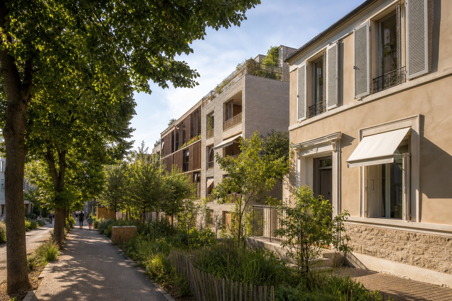 Rue française végétalisée et logements protégés du soleil pendant une vague de chaleur