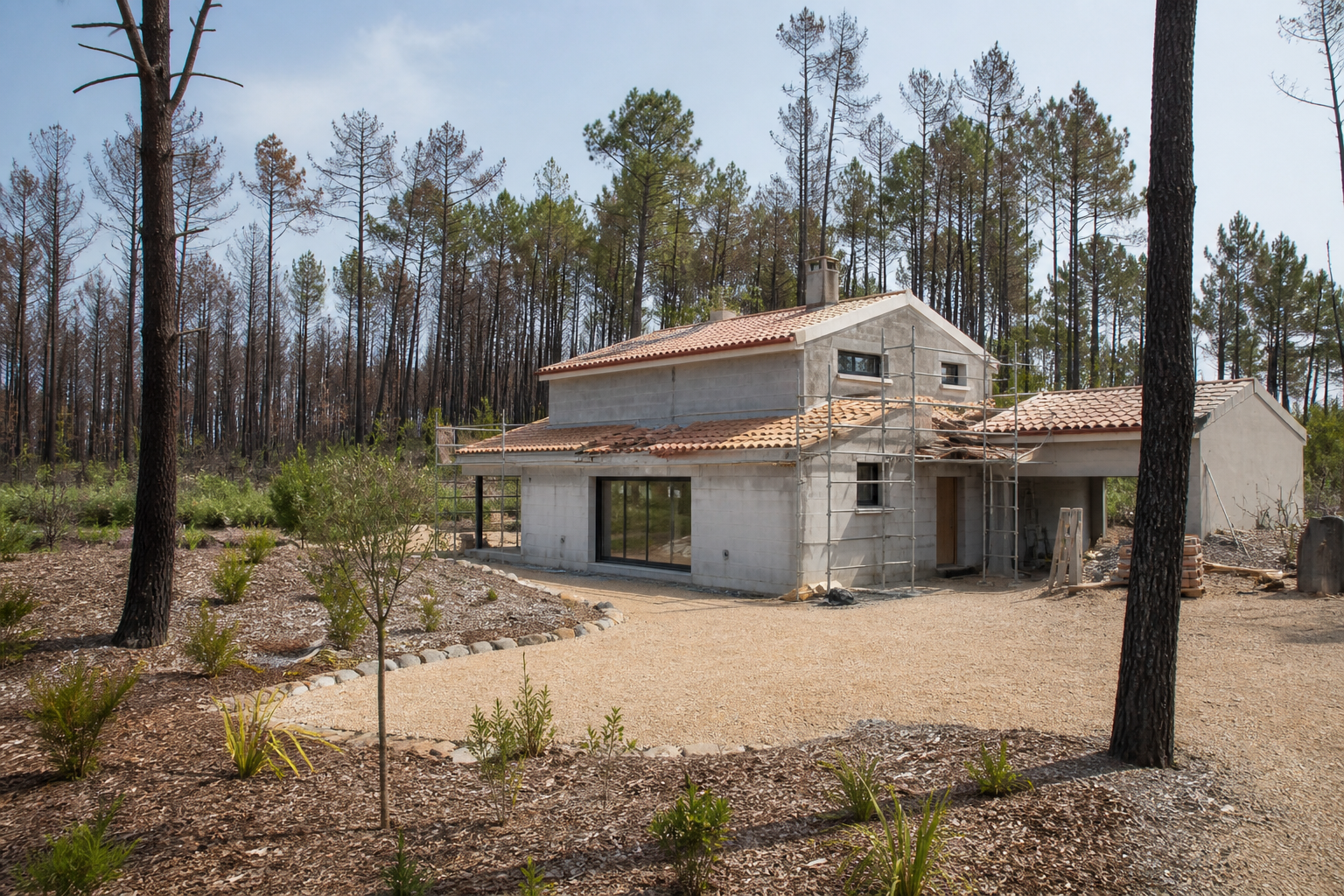 Maison en reconstruction près de la forêt landaise après un incendie