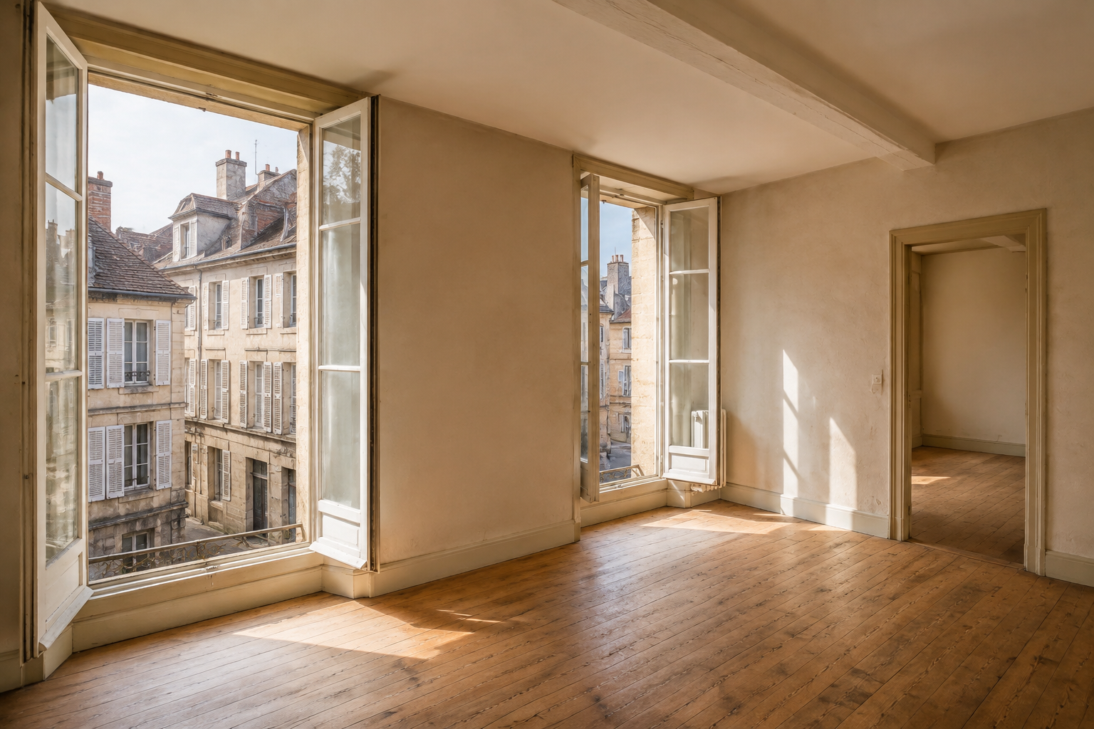 Appartement ancien vide avec parquet et fenêtres ouvertes sur les façades d’un centre-ville français, illustration générée par IA