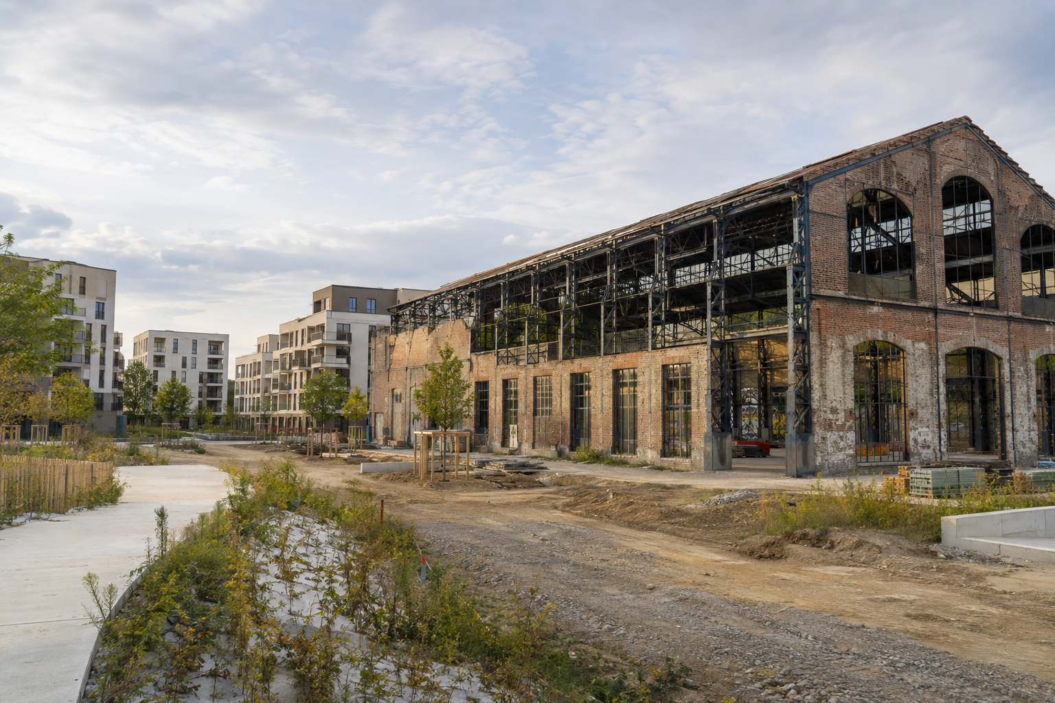 Ancienne friche industrielle française en reconversion près de nouveaux logements