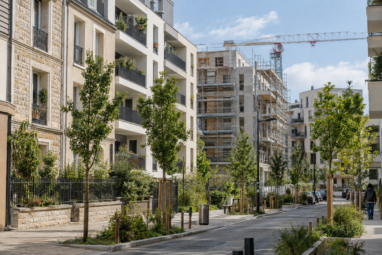 Quartier urbain européen mêlant logements rénovés et construction de logements abordables