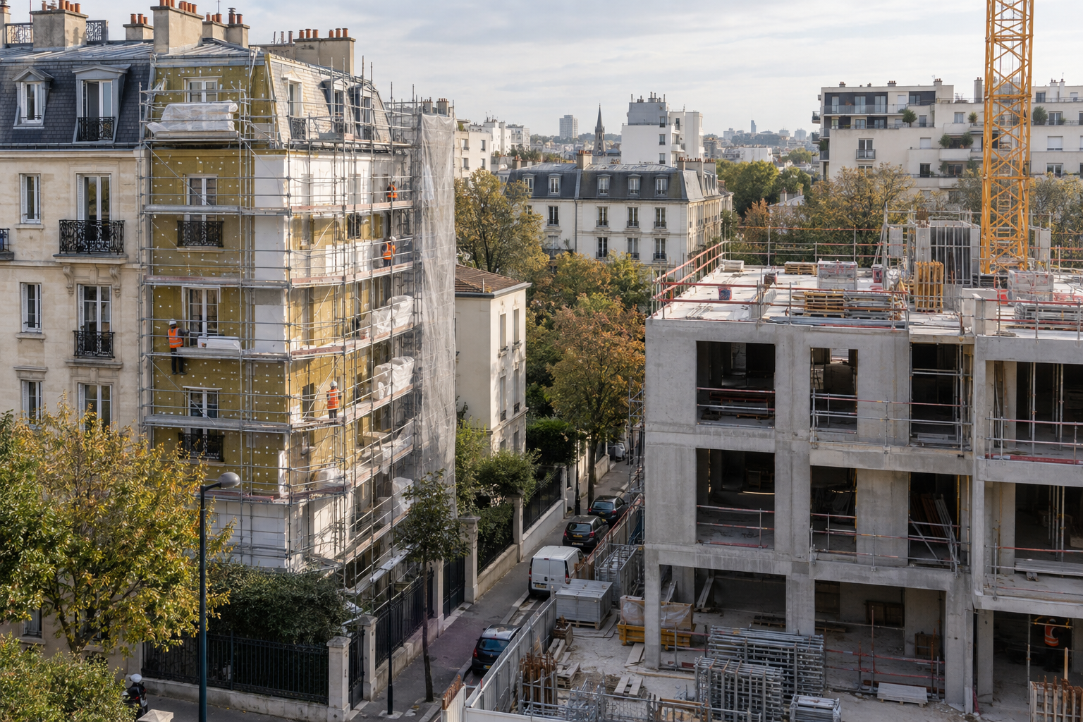 Immeubles résidentiels français avec rénovation énergétique et chantier de logements neufs