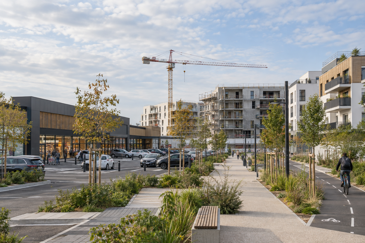 Zone commerciale d’entrée de ville en transformation avec commerces, piste cyclable et logements en construction