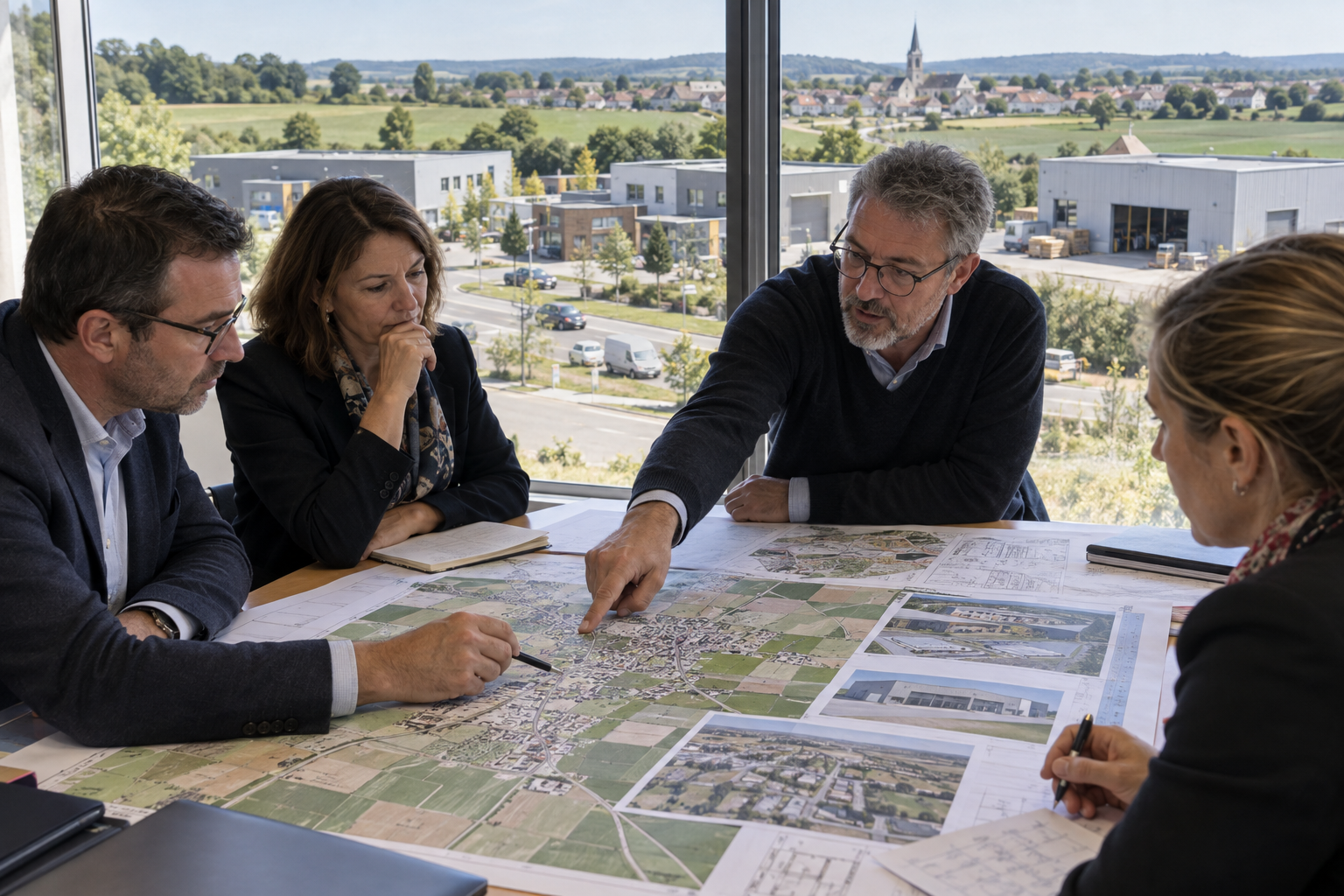 Élus intercommunaux examinant des plans fonciers et des locaux d’activité disponibles dans un territoire français