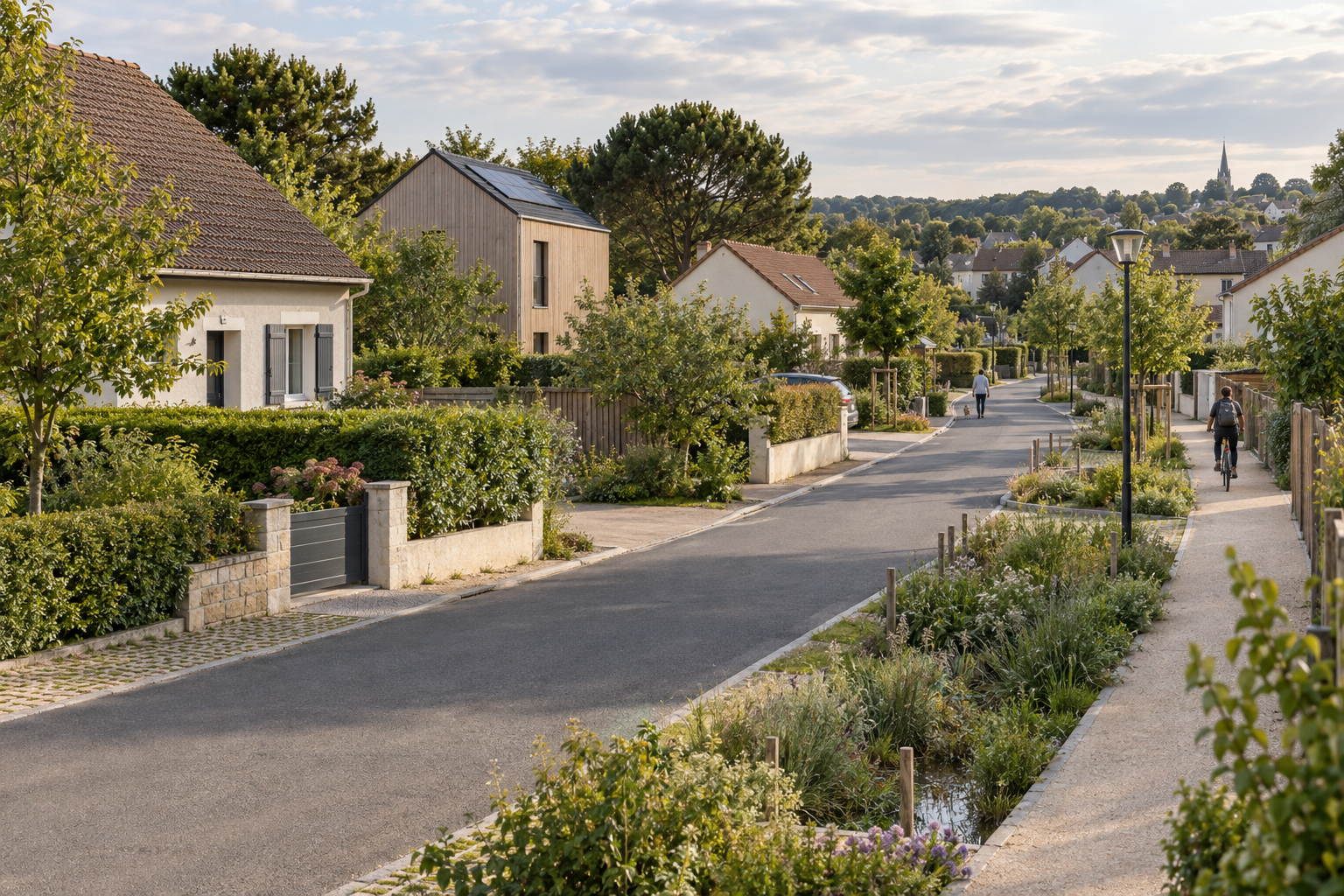 Quartier pavillonnaire français en transformation douce avec maisons rénovées, végétation et mobilités actives