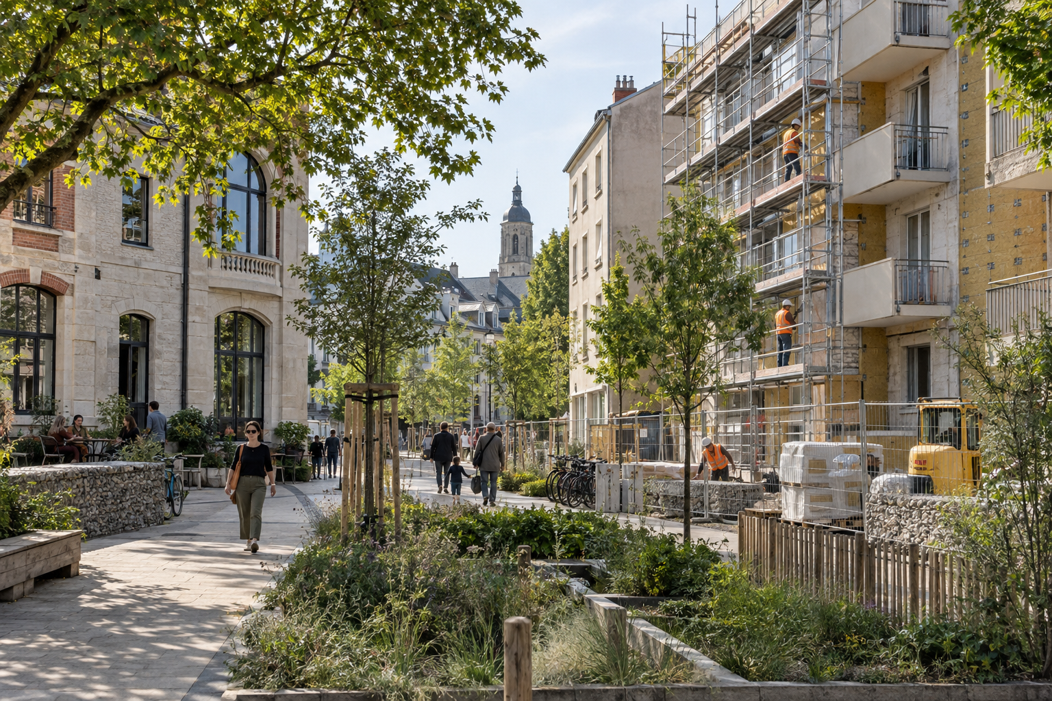 Rénovation d’un quartier français existant avec arbres et espaces piétons
