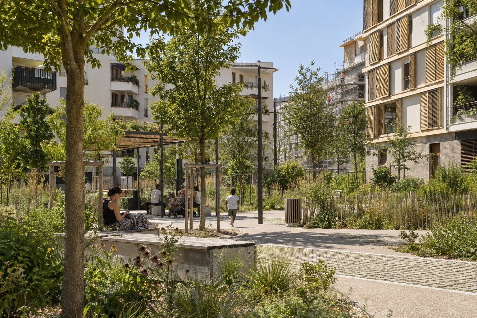 Quartier de logements sociaux rénové avec arbres, ombrage et espaces publics adaptés aux canicules
