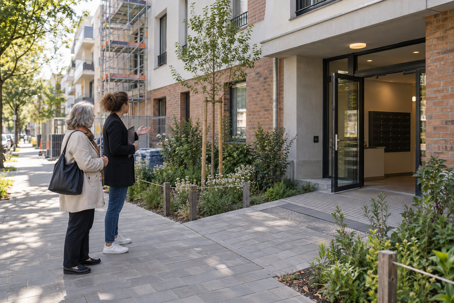 Une femme âgée et une professionnelle devant un immeuble de logements accessibles récemment rénové