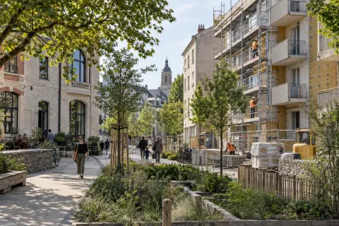 Rénovation d’un quartier français existant avec arbres et espaces piétons