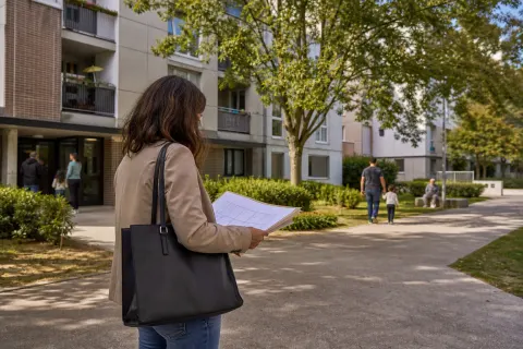 Gestionnaire d’une résidence de logements sociaux consultant le plan d’un immeuble