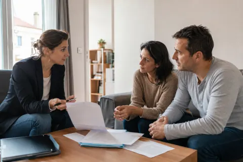 Travailleuse sociale échangeant avec un couple dans un logement social en France