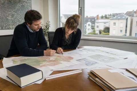 Deux professionnels de l’urbanisme examinent un plan de zonage et des plans architecturaux en mairie