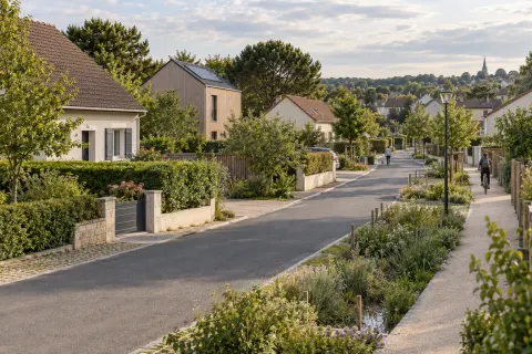 Quartier pavillonnaire français en transformation douce avec maisons rénovées, végétation et mobilités actives