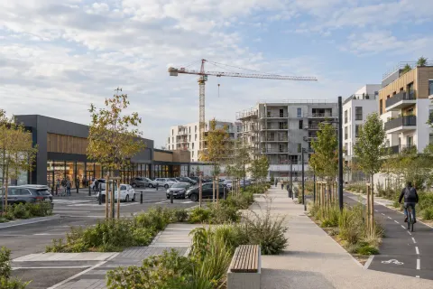 Zone commerciale d’entrée de ville en transformation avec commerces, piste cyclable et logements en construction