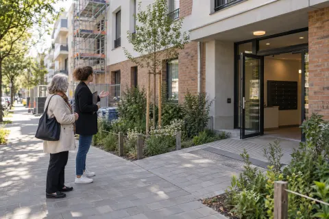 Une femme âgée et une professionnelle devant un immeuble de logements accessibles récemment rénové