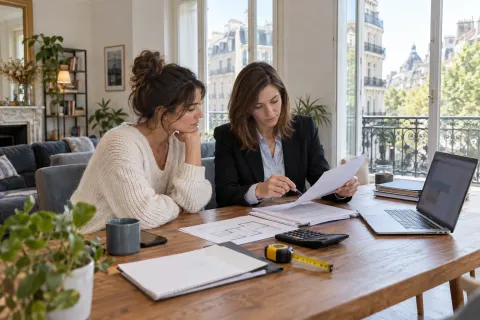 Locataire et professionnelle vérifiant un bail et le calcul du loyer dans un appartement