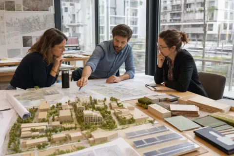 Équipe d’aménagement examinant les plans énergétiques d’un projet urbain