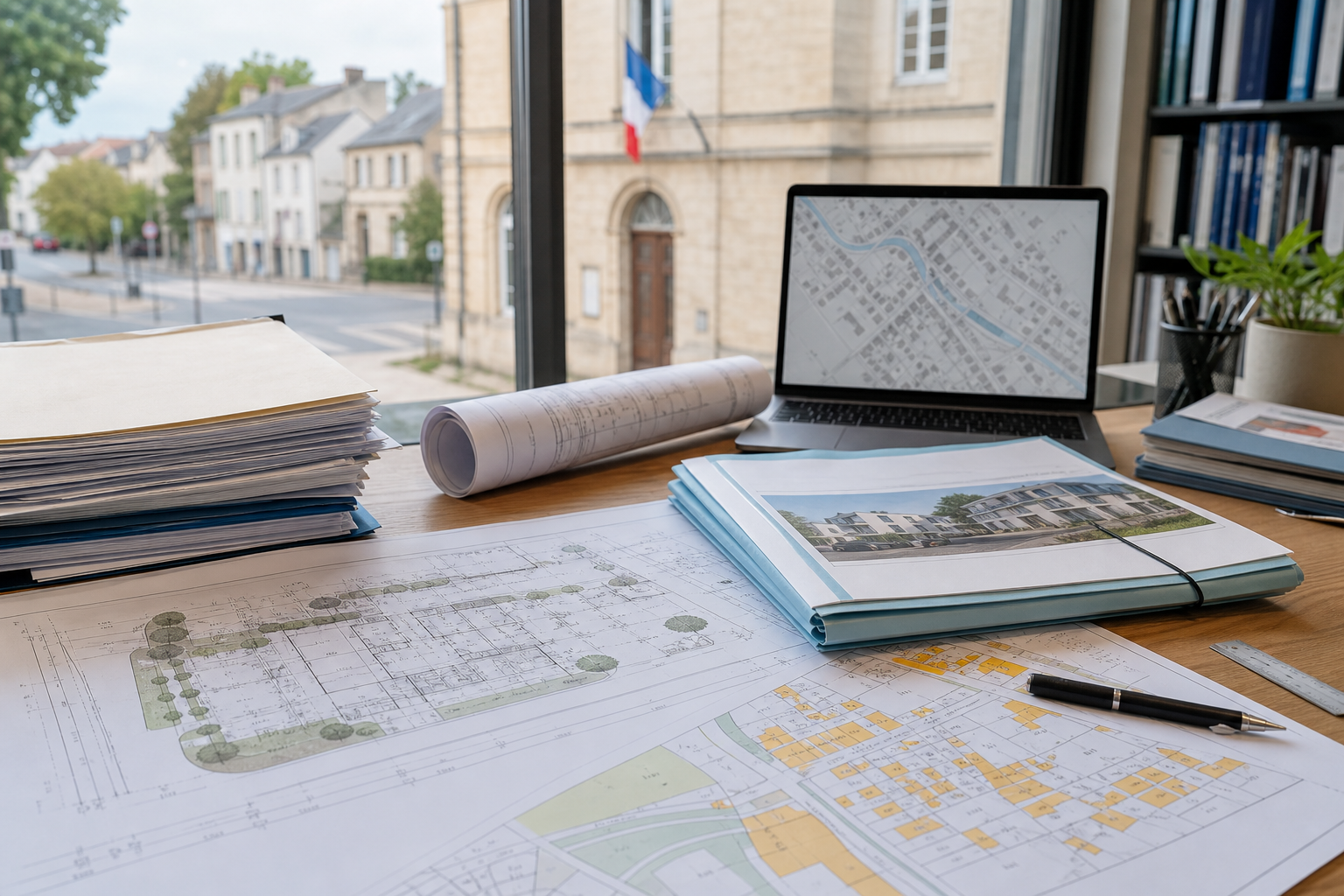 Plans d’urbanisme, dossier de permis et carte cadastrale dans un bureau municipal